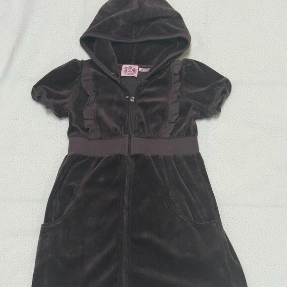 Juicy Couture Girl's Velvet Puff Sleeve Full Zip Hoodie Dress - Brown - Size 7 - Picture 1 of 6
